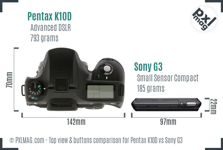 Pentax K10D vs Sony G3 top view buttons comparison