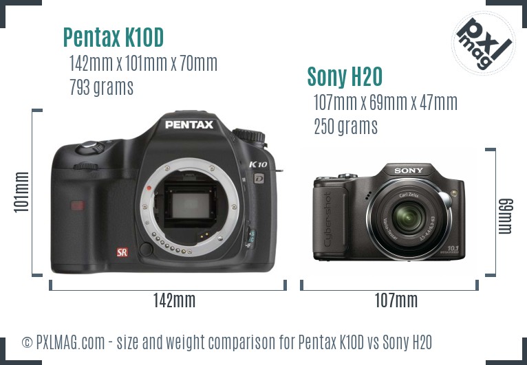 Pentax K10D vs Sony H20 size comparison