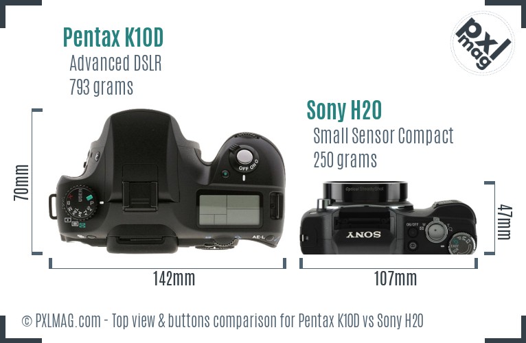 Pentax K10D vs Sony H20 top view buttons comparison