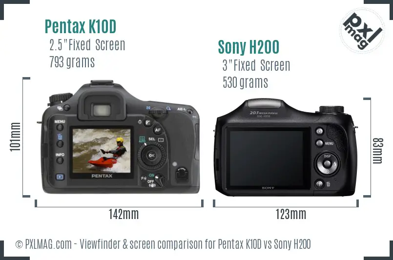 Pentax K10D vs Sony H200 Screen and Viewfinder comparison