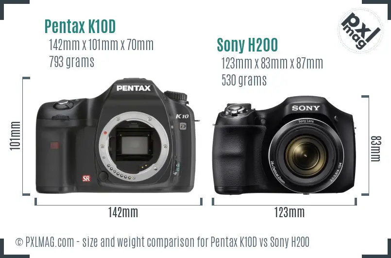 Pentax K10D vs Sony H200 size comparison