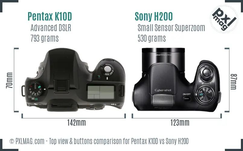 Pentax K10D vs Sony H200 top view buttons comparison