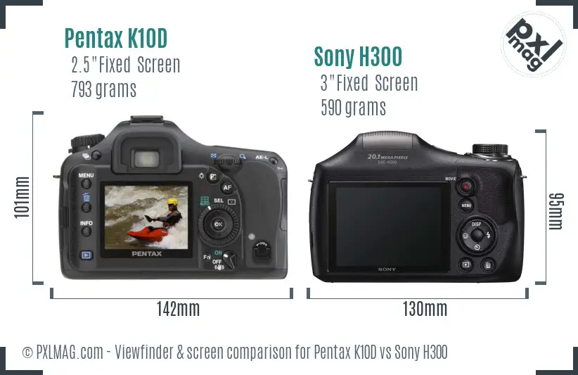 Pentax K10D vs Sony H300 Screen and Viewfinder comparison