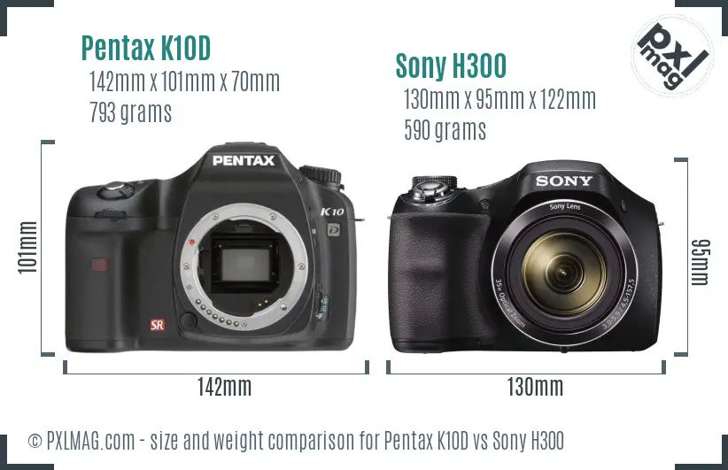 Pentax K10D vs Sony H300 size comparison