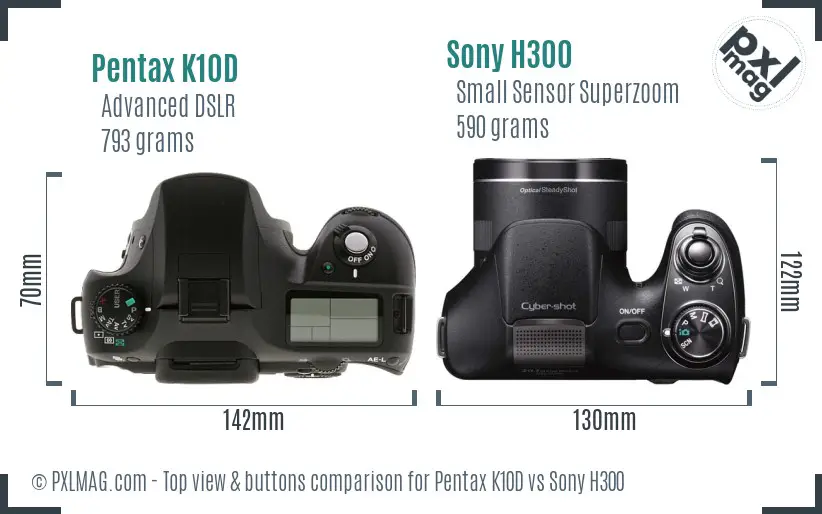 Pentax K10D vs Sony H300 top view buttons comparison