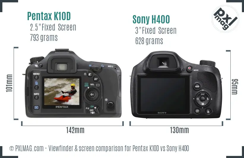 Pentax K10D vs Sony H400 Screen and Viewfinder comparison