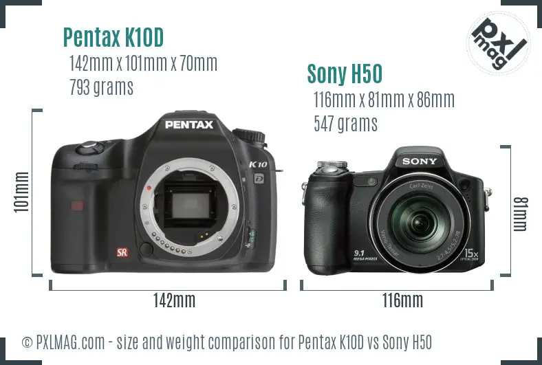 Pentax K10D vs Sony H50 size comparison Pentax K10D vs Sony H50 size comparison