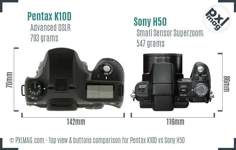 Pentax K10D vs Sony H50 top view buttons comparison Pentax K10D vs Sony H50 top view buttons comparison