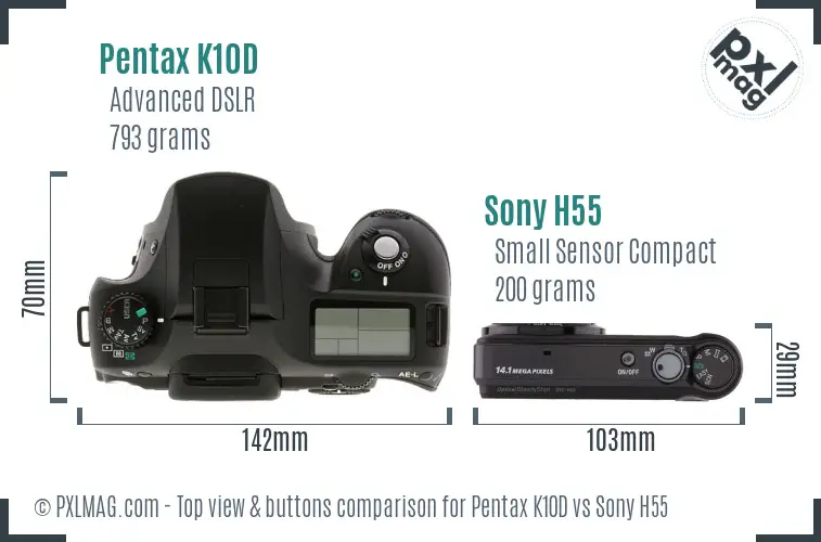 Pentax K10D vs Sony H55 top view buttons comparison