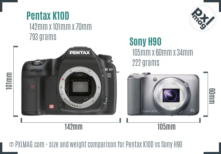 Pentax K10D vs Sony H90 size comparison