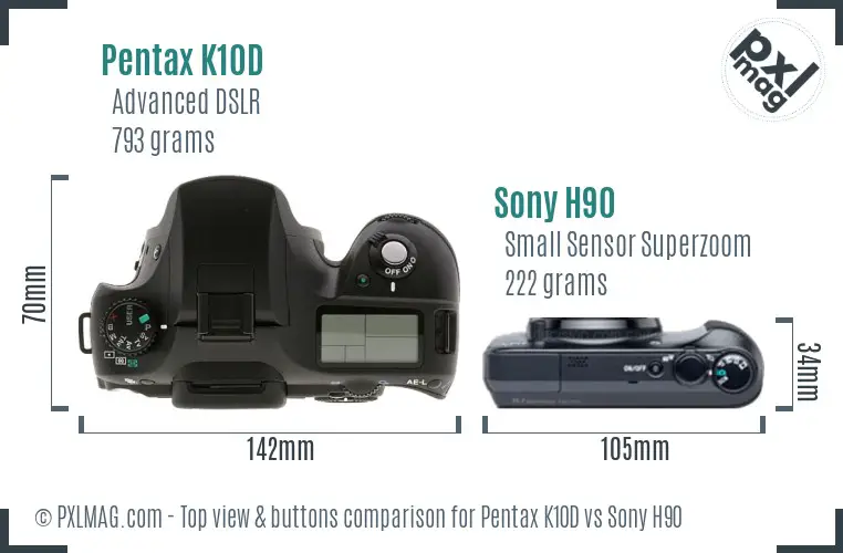 Pentax K10D vs Sony H90 top view buttons comparison