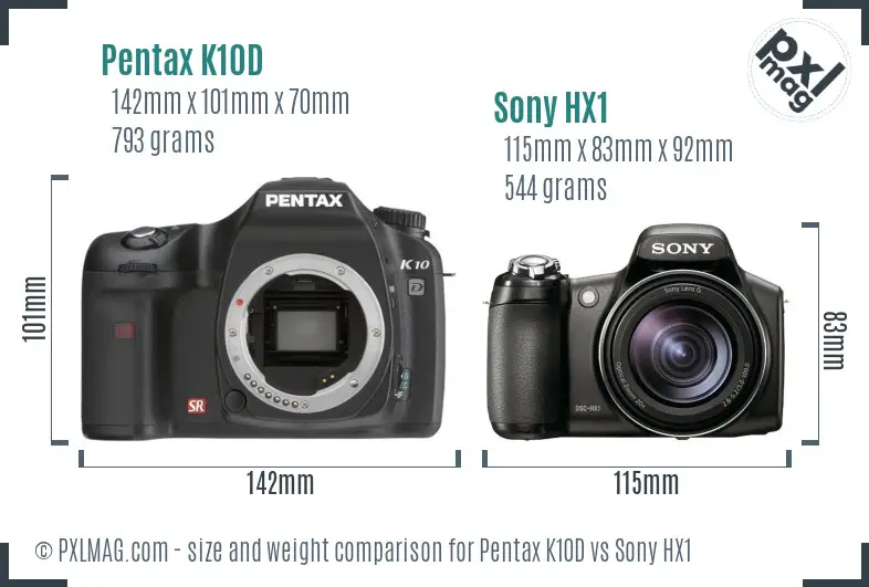 Pentax K10D vs Sony HX1 size comparison