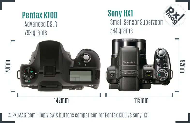 Pentax K10D vs Sony HX1 top view buttons comparison