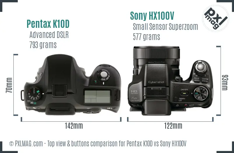 Pentax K10D vs Sony HX100V top view buttons comparison Pentax K10D vs Sony HX100V top view buttons comparison