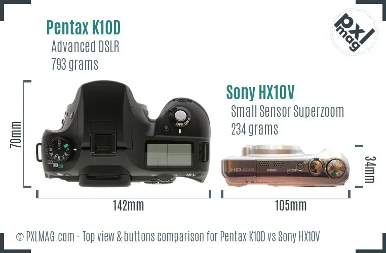 Pentax K10D vs Sony HX10V top view buttons comparison