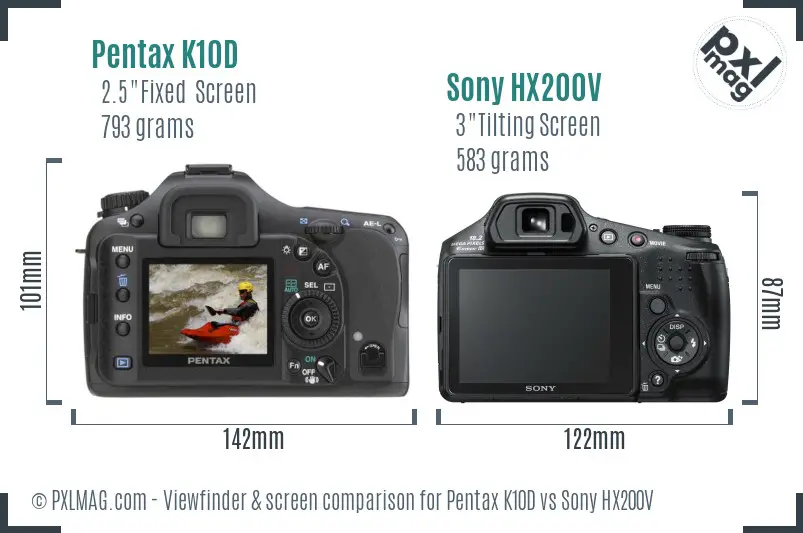 Pentax K10D vs Sony HX200V Screen and Viewfinder comparison