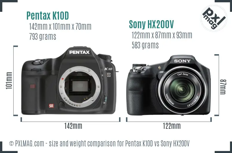 Pentax K10D vs Sony HX200V size comparison