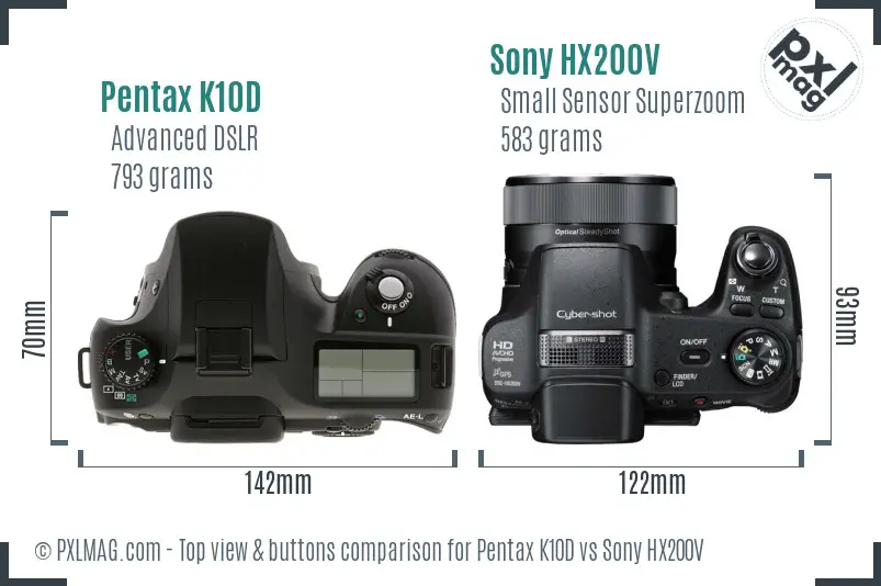 Pentax K10D vs Sony HX200V top view buttons comparison