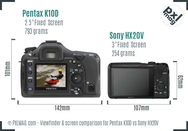 Pentax K10D vs Sony HX20V Screen and Viewfinder comparison