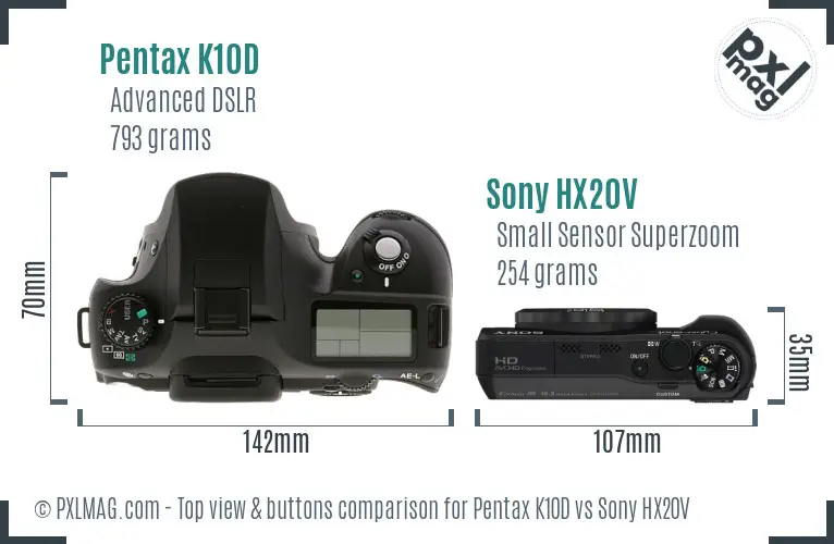 Pentax K10D vs Sony HX20V top view buttons comparison