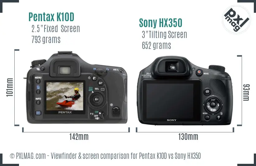 Pentax K10D vs Sony HX350 Screen and Viewfinder comparison