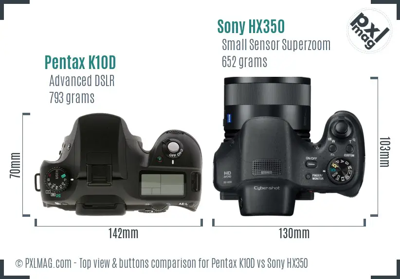 Pentax K10D vs Sony HX350 top view buttons comparison