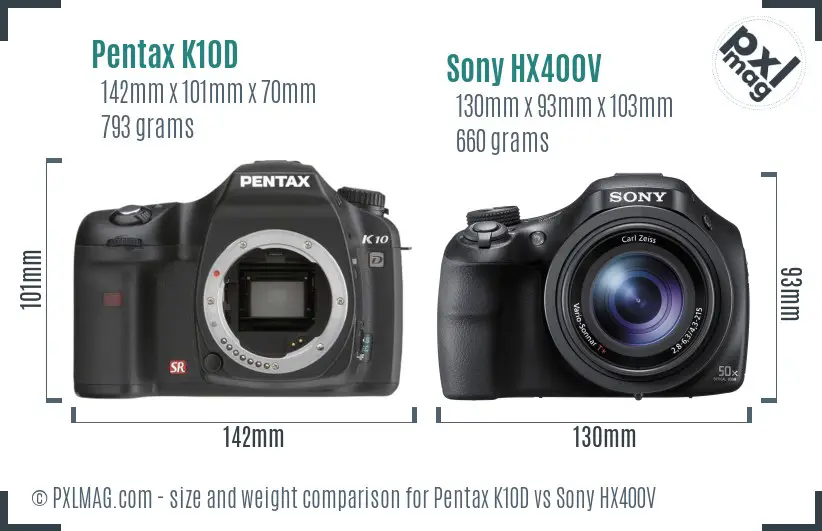 Pentax K10D vs Sony HX400V size comparison