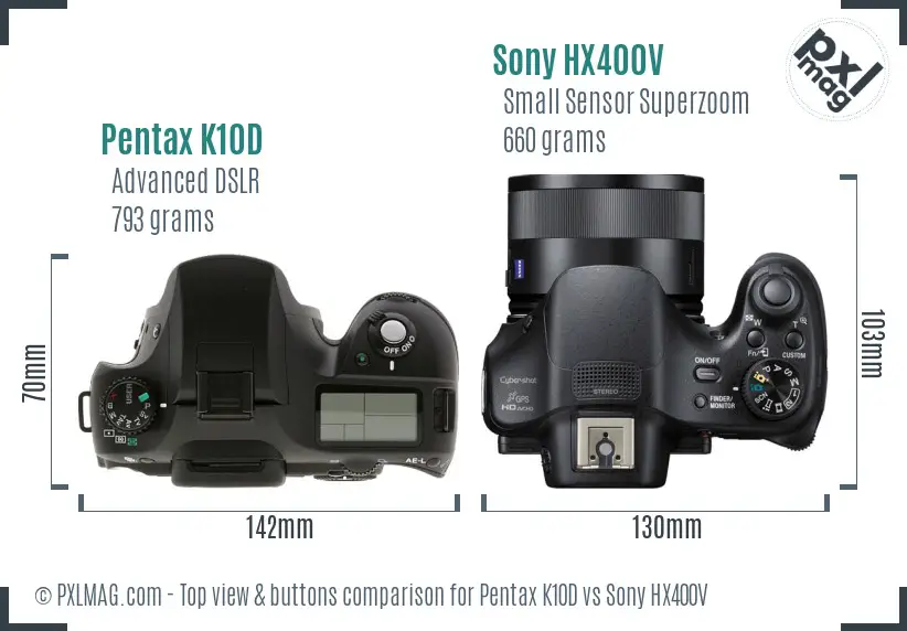 Pentax K10D vs Sony HX400V top view buttons comparison