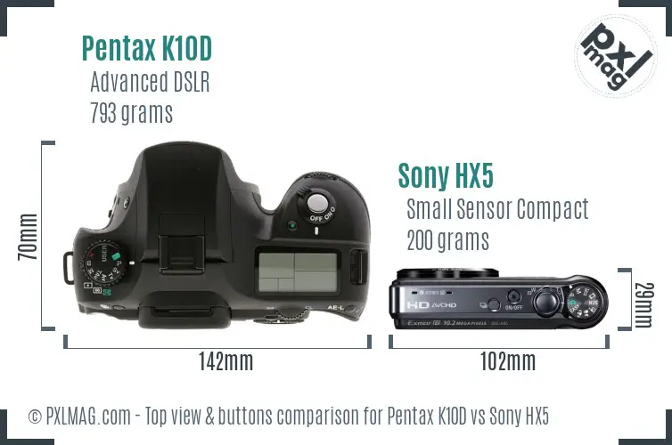 Pentax K10D vs Sony HX5 top view buttons comparison