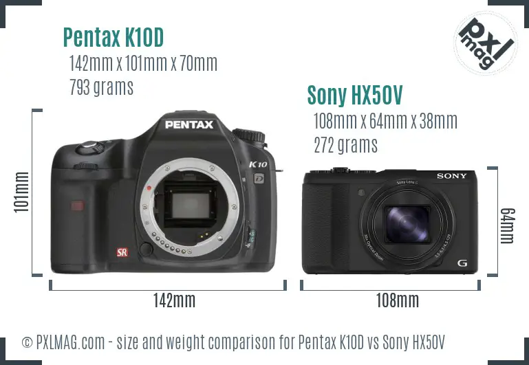 Pentax K10D vs Sony HX50V size comparison