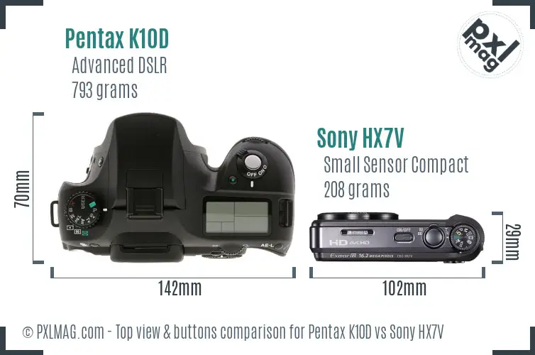 Pentax K10D vs Sony HX7V top view buttons comparison Pentax K10D vs Sony HX7V top view buttons comparison
