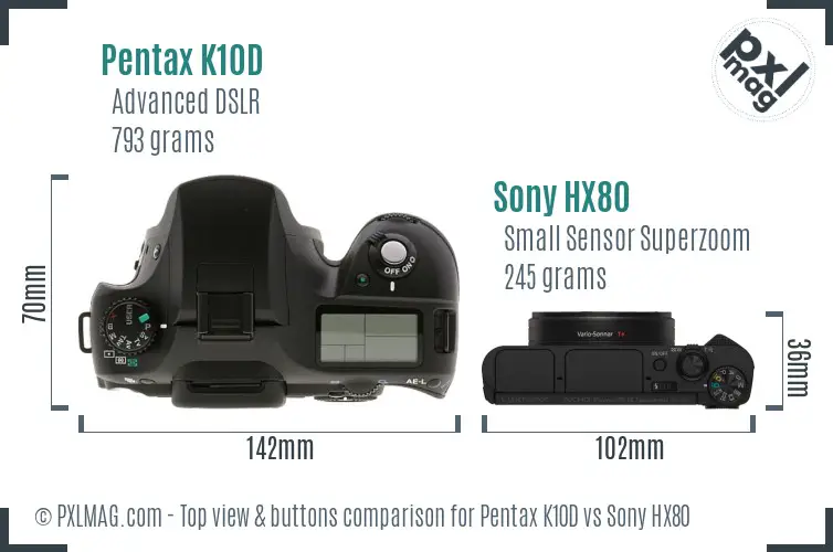 Pentax K10D vs Sony HX80 top view buttons comparison Pentax K10D vs Sony HX80 top view buttons comparison