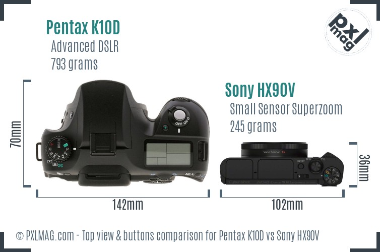 Pentax K10D vs Sony HX90V top view buttons comparison