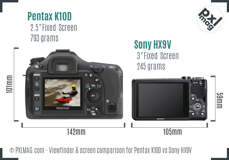 Pentax K10D vs Sony HX9V Screen and Viewfinder comparison