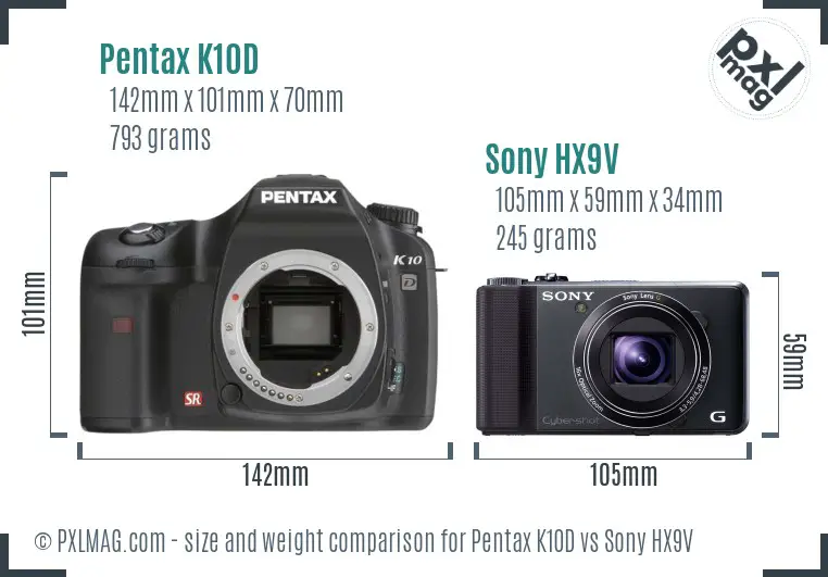 Pentax K10D vs Sony HX9V size comparison