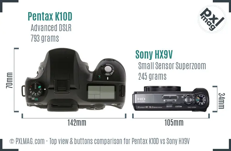 Pentax K10D vs Sony HX9V top view buttons comparison