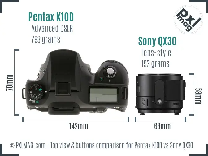 Pentax K10D vs Sony QX30 top view buttons comparison