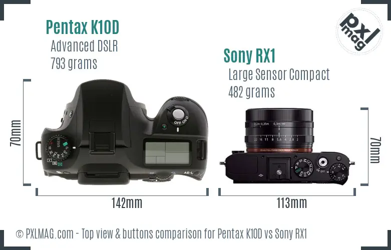 Pentax K10D vs Sony RX1 top view buttons comparison