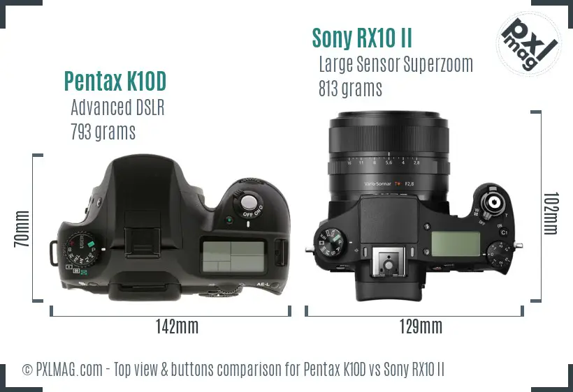 Pentax K10D vs Sony RX10 II top view buttons comparison Pentax K10D vs Sony RX10 II top view buttons comparison