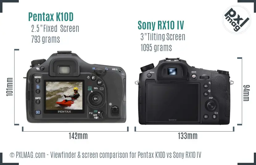 Pentax K10D vs Sony RX10 IV Screen and Viewfinder comparison