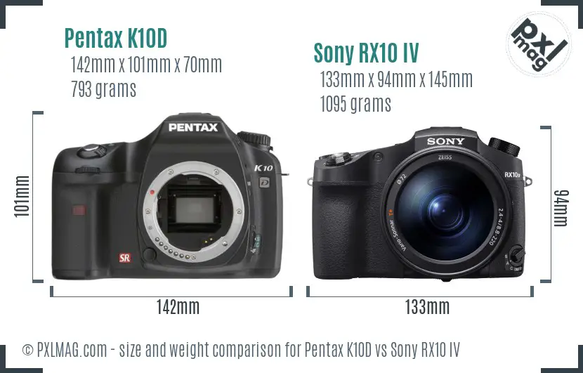 Pentax K10D vs Sony RX10 IV size comparison