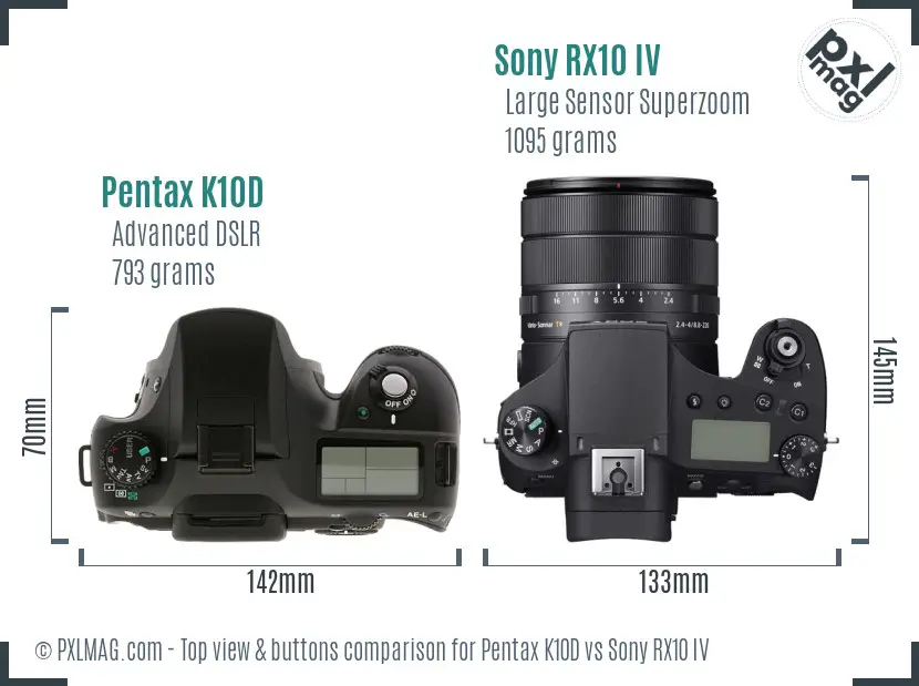 Pentax K10D vs Sony RX10 IV top view buttons comparison