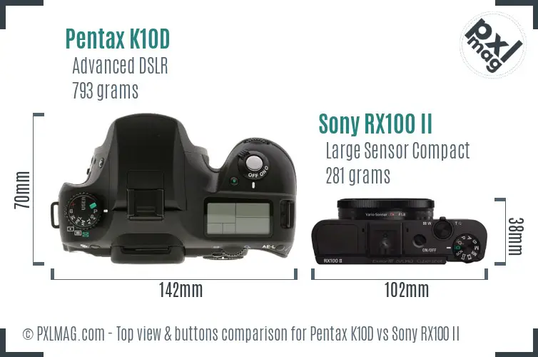 Pentax K10D vs Sony RX100 II top view buttons comparison