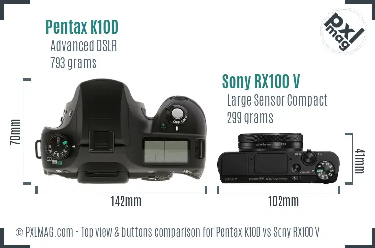 Pentax K10D vs Sony RX100 V top view buttons comparison