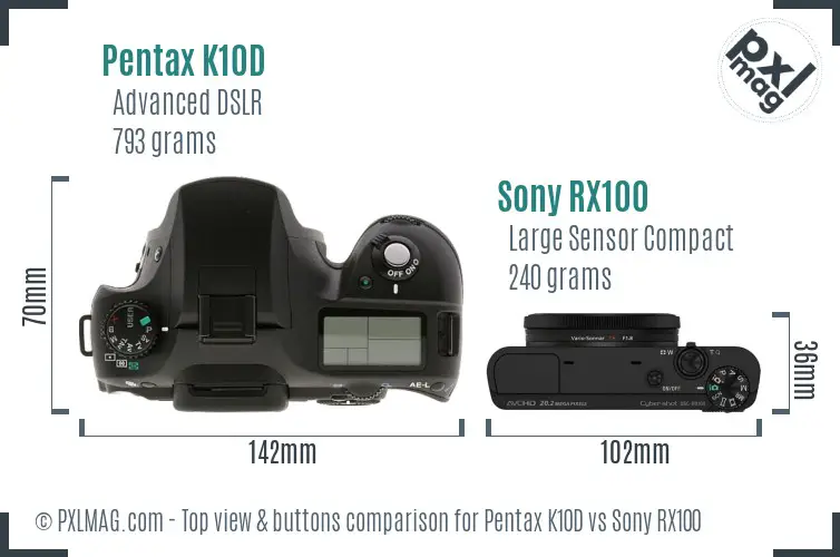 Pentax K10D vs Sony RX100 top view buttons comparison