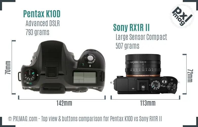 Pentax K10D vs Sony RX1R II top view buttons comparison