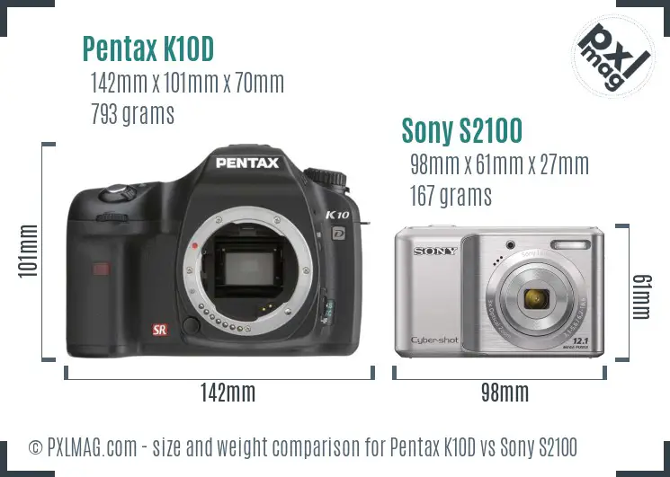 Pentax K10D vs Sony S2100 size comparison