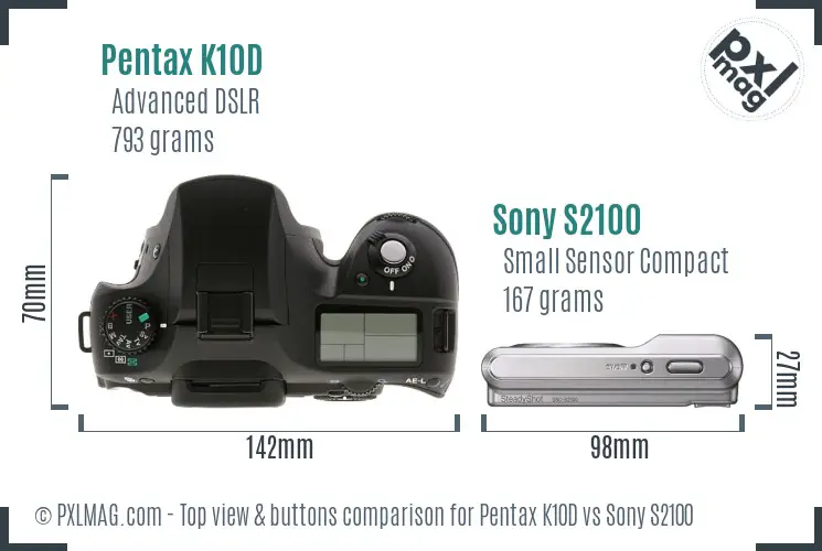 Pentax K10D vs Sony S2100 top view buttons comparison