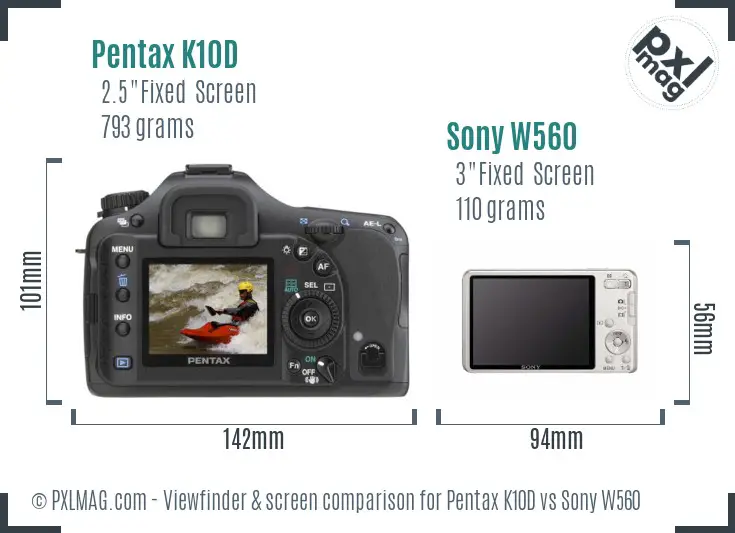 Pentax K10D vs Sony W560 Screen and Viewfinder comparison