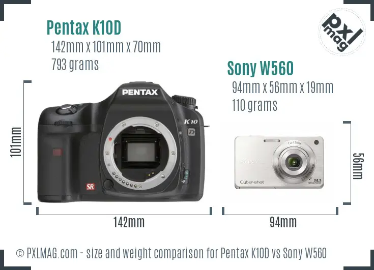 Pentax K10D vs Sony W560 size comparison